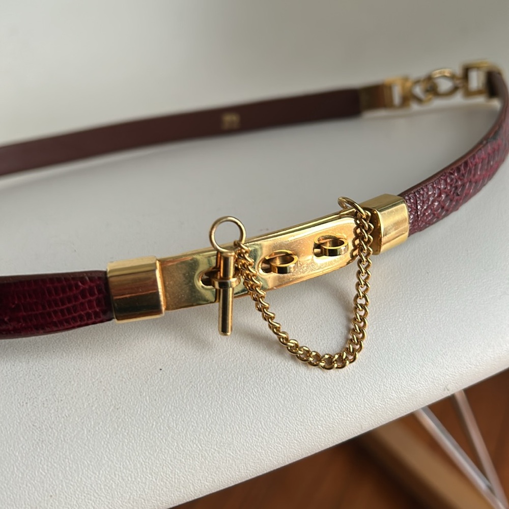 Burgundy Lizard Skin Vintage Belt with unique gold chain closure